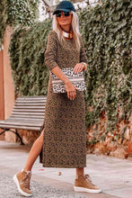 Load image into Gallery viewer, Round Neck Leopard Print Long Sleeve Slit Dress