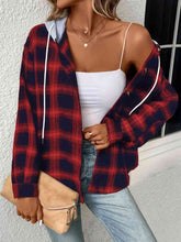 Load image into Gallery viewer, Plaid Drawstring Button Up Hooded Jacket