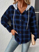 Load image into Gallery viewer, Plaid Drawstring Button Up Hooded Jacket