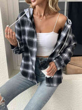 Load image into Gallery viewer, Plaid Drawstring Button Up Hooded Jacket