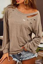 Load image into Gallery viewer, Distressed Pocketed Round Neck Long Sleeve T-Shirt