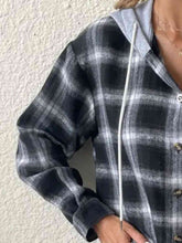 Load image into Gallery viewer, Plaid Drawstring Button Up Hooded Jacket