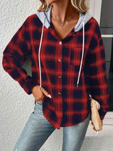 Load image into Gallery viewer, Plaid Drawstring Button Up Hooded Jacket