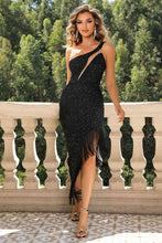 Load image into Gallery viewer, Fringed Asymmetrical Hem One-Shoulder Dress
