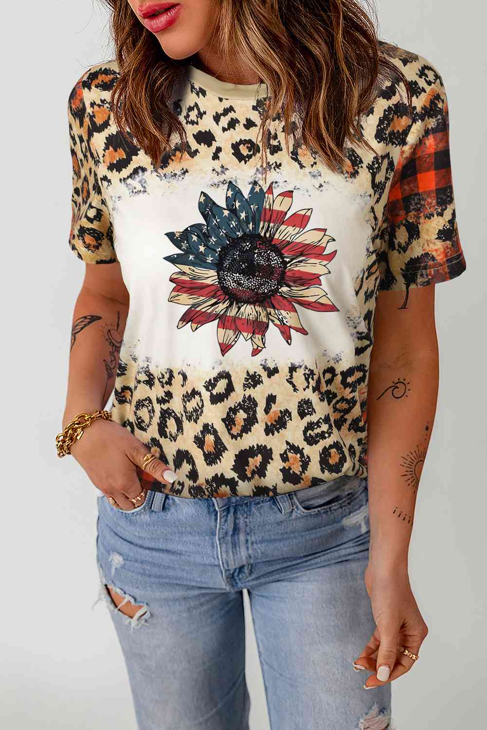 Leopard Plaid Floral Tee Shirt