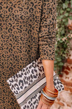 Load image into Gallery viewer, Round Neck Leopard Print Long Sleeve Slit Dress
