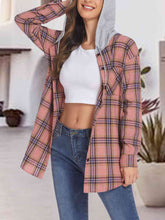 Load image into Gallery viewer, Plaid Drawstring Button Up Hooded Jacket
