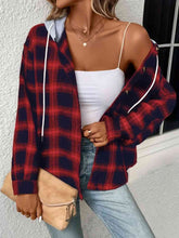 Load image into Gallery viewer, Plaid Drawstring Button Up Hooded Jacket
