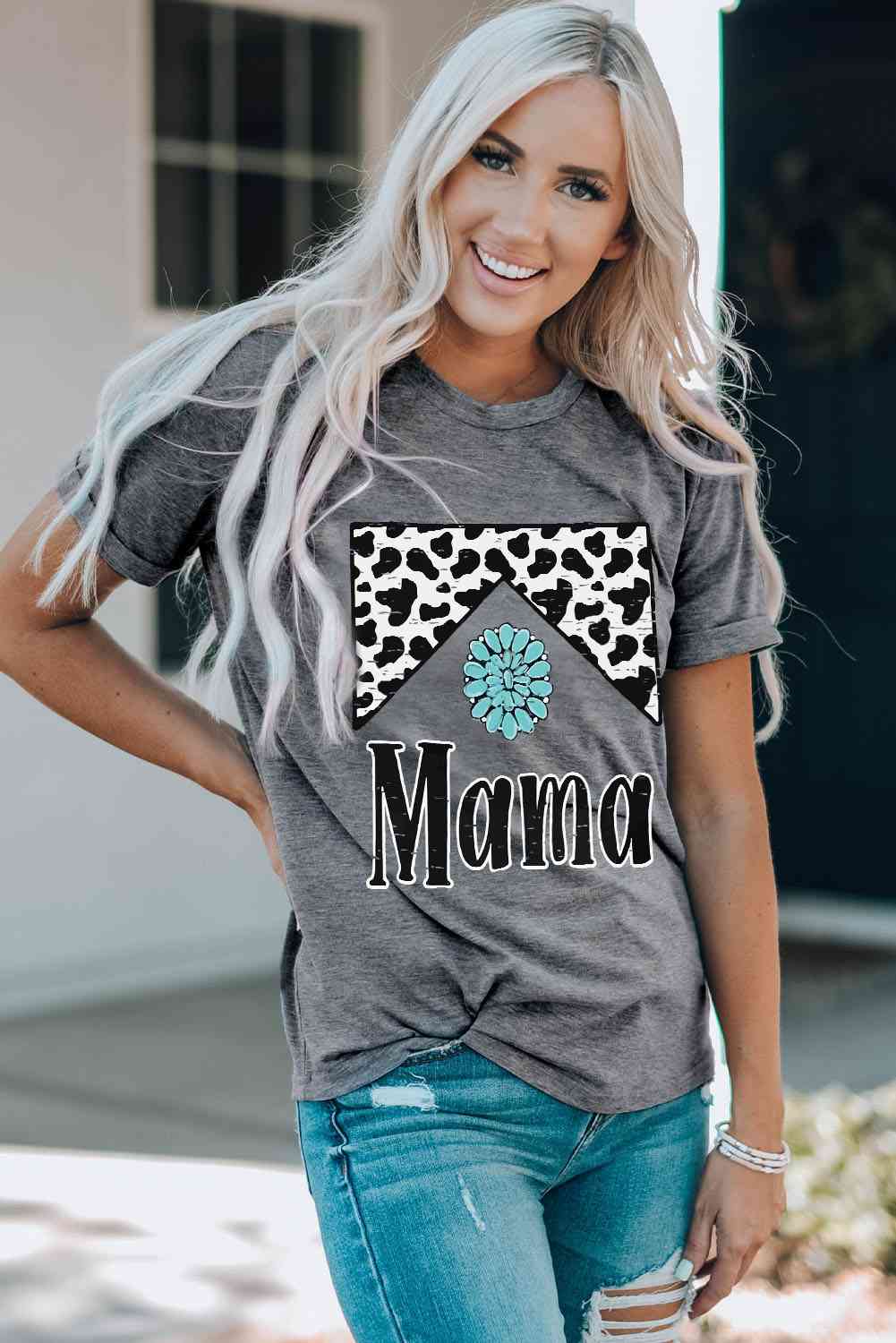 MAMA Graphic Cuffed Sleeve Round Neck Tee