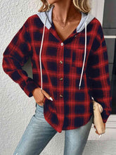 Load image into Gallery viewer, Plaid Drawstring Button Up Hooded Jacket
