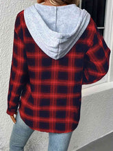 Load image into Gallery viewer, Plaid Drawstring Button Up Hooded Jacket
